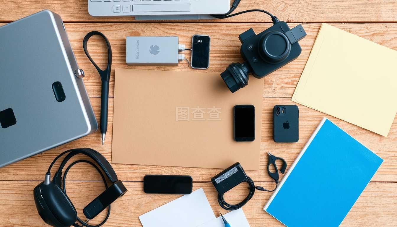 放在木制表面的电子产品和信封